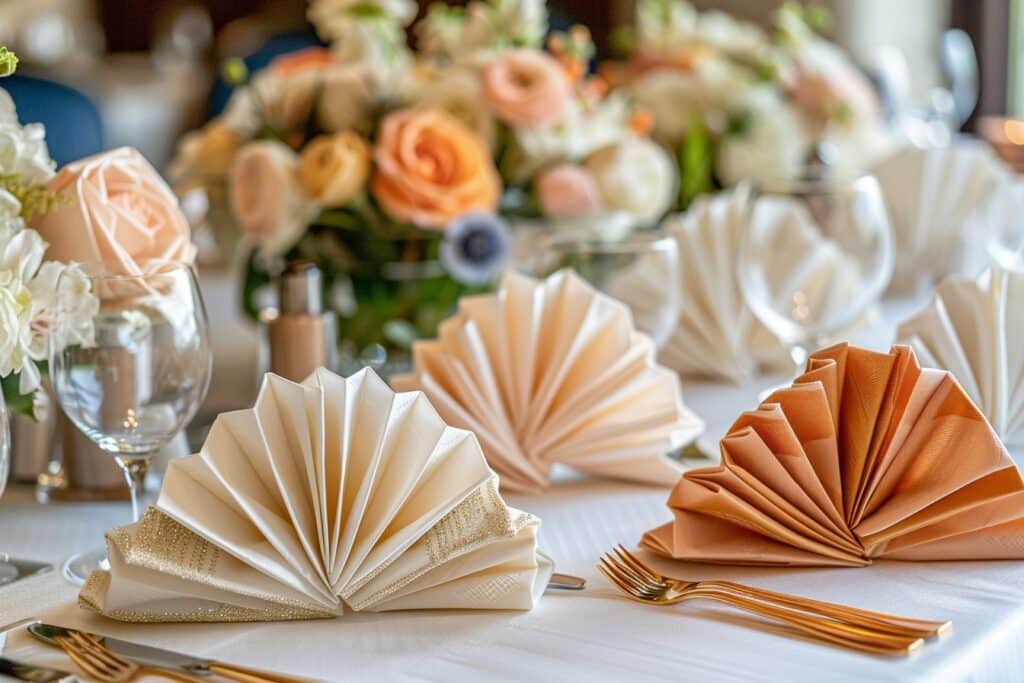 Art de la table mariage : maîtriser l’art du pliage de serviette pour une décoration élégante.