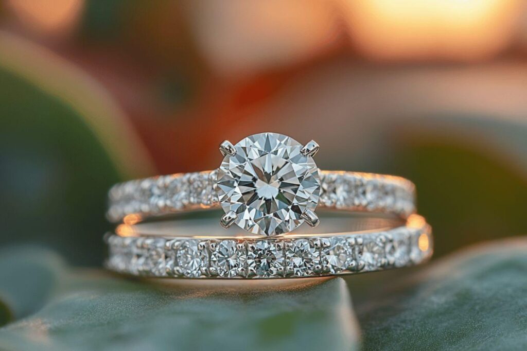 Bague en diamant sur fond flou au coucher de soleil.
