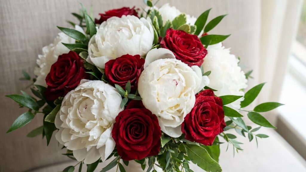 Bouquet de fleurs blanches et de roses rouges avec un feuillage vert.
