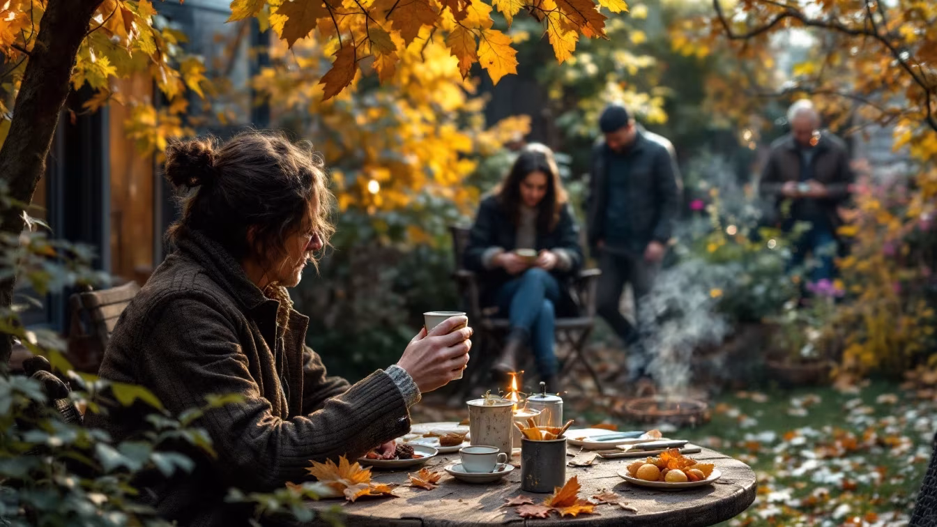 Un barnum d’automne ouvert sur le jardin, avec chauffage discret, côtés entrouverts et invités répartis près des tables, tandis qu’un accès reste dégagé.