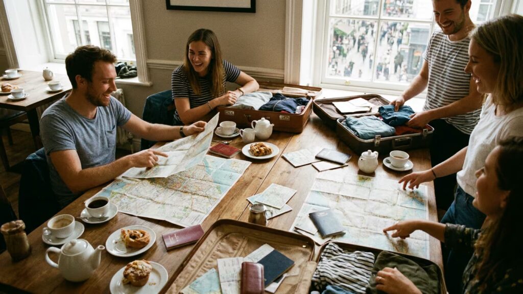 Un groupe prépare un week-end en ville autour d’une table, avec cartes, valises ouvertes et réservations dispersées.