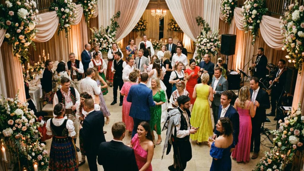 Une salle de mariage élégante montre des invités en tenues variées autour d’une décoration harmonieuse, guidés par une ambiance festive et souple.