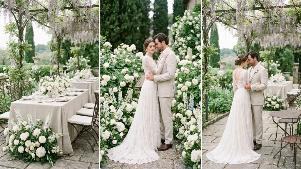 Triptyque montrant une table de réception et un couple de mariés dans un jardin fleuri.