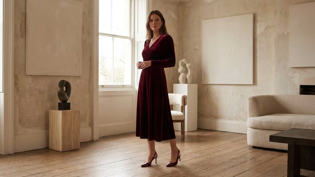 Une femme porte une robe bordeaux et des chaussures à talons dans une pièce claire.