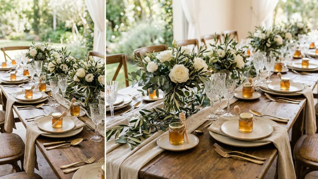 Diptyque de tables de mariage décorées de fleurs blanches, avec de petits pots de miel sur les assiettes.