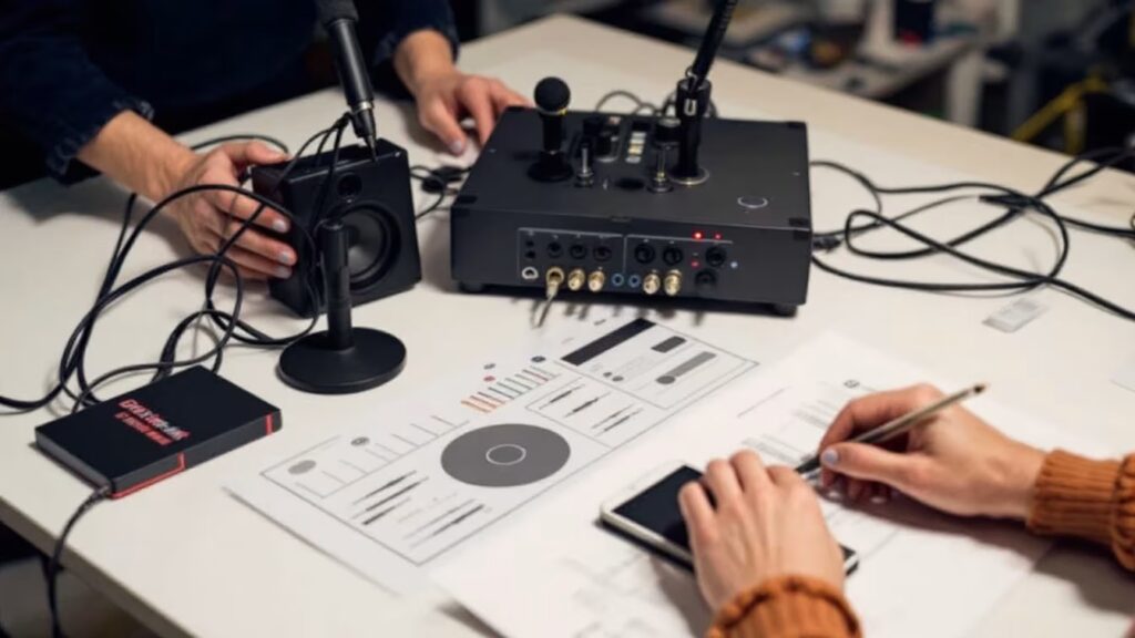 Une table de préparation avec micros, boîtier audio et plan de salle, tandis que deux personnes vérifient ensemble la compatibilité du son.