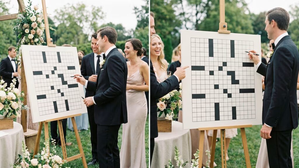 Diptyque de personnes en tenue de cérémonie devant une grande grille de mots croisés sur chevalet, dans un jardin.