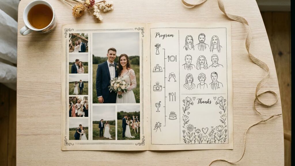 Une gazette de mariage ouverte sur une table claire, avec des rubriques en colonnes, des photos, un programme, des portraits et des remerciements.