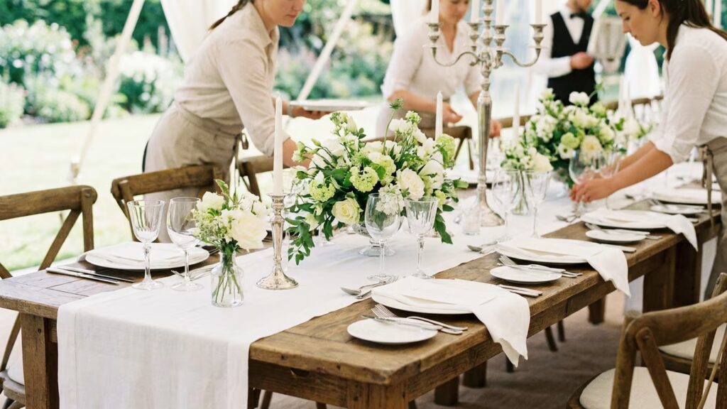 Personnes préparant une table de réception avec assiettes, verres et compositions de fleurs blanches.